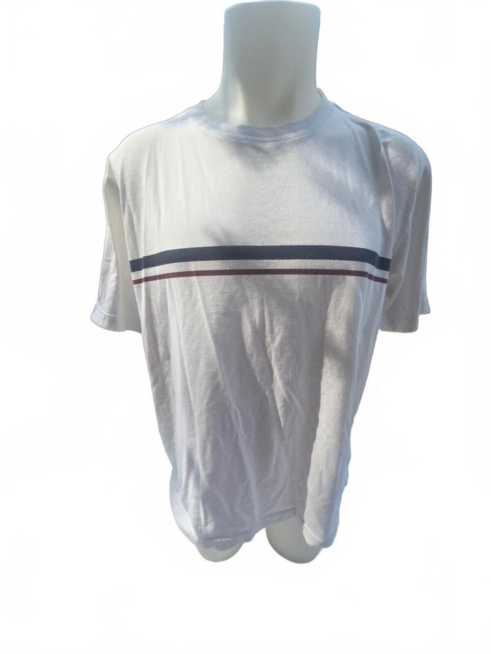 Men's White Short Sleeve T-Shirt with Navy and Burgundy Stripes, Size L, Good